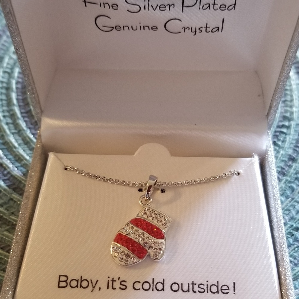 Silver Plate Crystal Mitten Necklace NWT